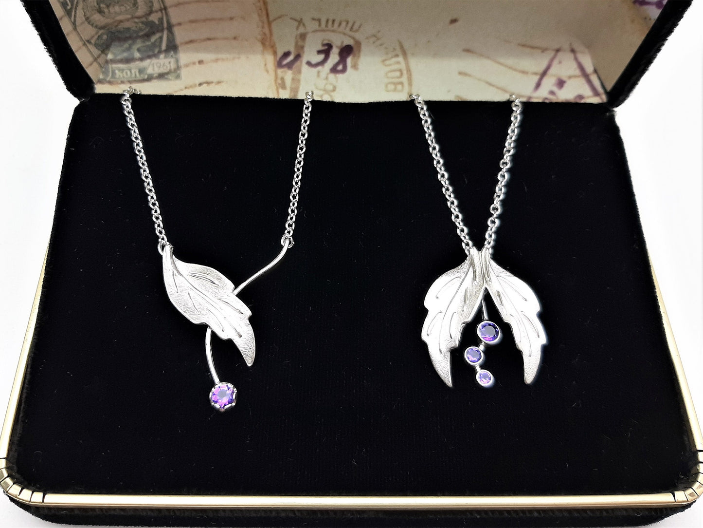 Dangle Amethyst, Silver Leaves Pendant - Leaf Jewelry, Amethyst Leaf Necklace, Amethyst Birthstone Jewelry