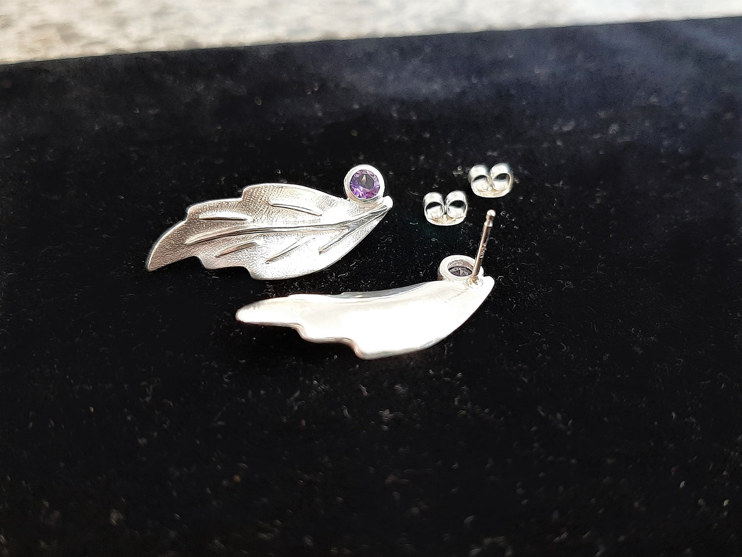 Amethyst Leaf Earrings, Sterling Silver - Amethyst Gemstone Earrings, Amethyst Birthstone Jewelry