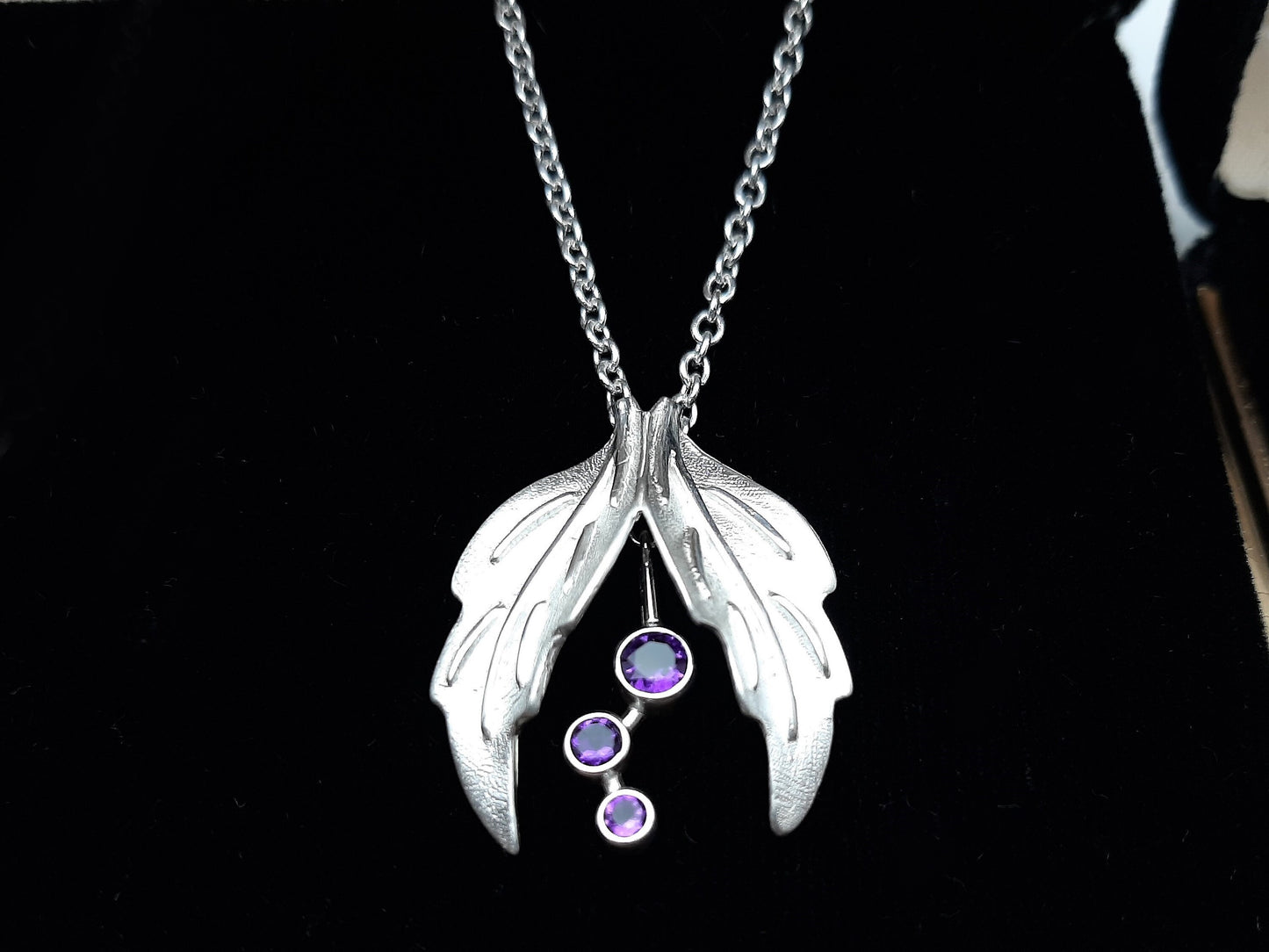 Dangle Amethyst, Silver Leaves Pendant - Leaf Jewelry, Amethyst Leaf Necklace, Amethyst Birthstone Jewelry