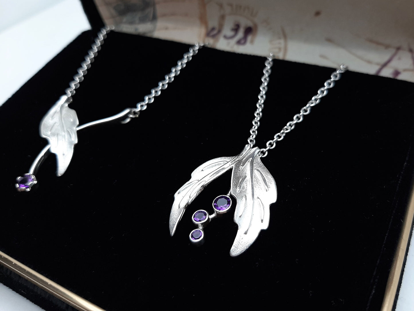 Dangle Amethyst, Silver Leaves Pendant - Leaf Jewelry, Amethyst Leaf Necklace, Amethyst Birthstone Jewelry