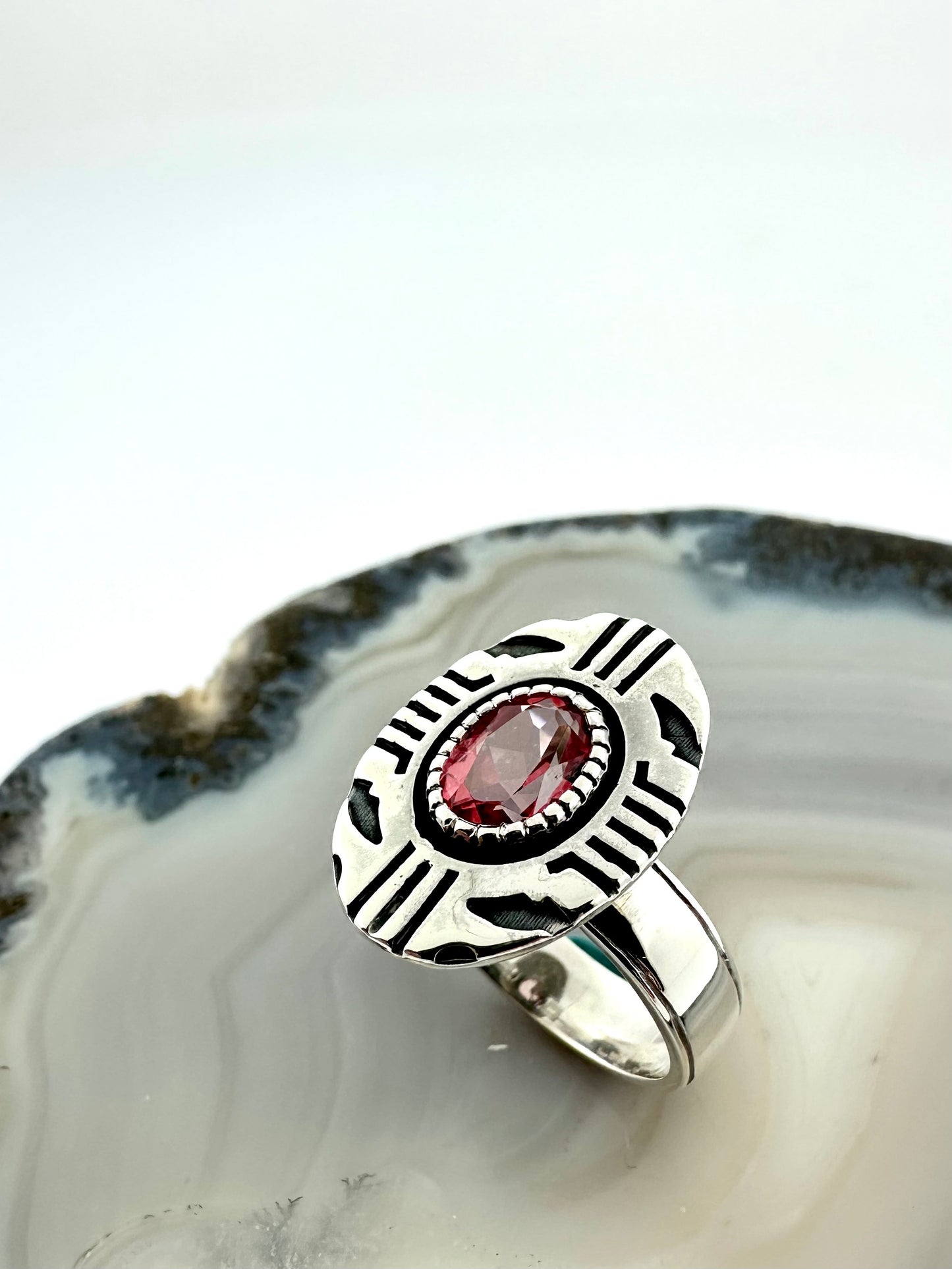 One-of-a-Kind Sterling Silver Ring with Pink Topaz - Aztec Design – Size 7.5