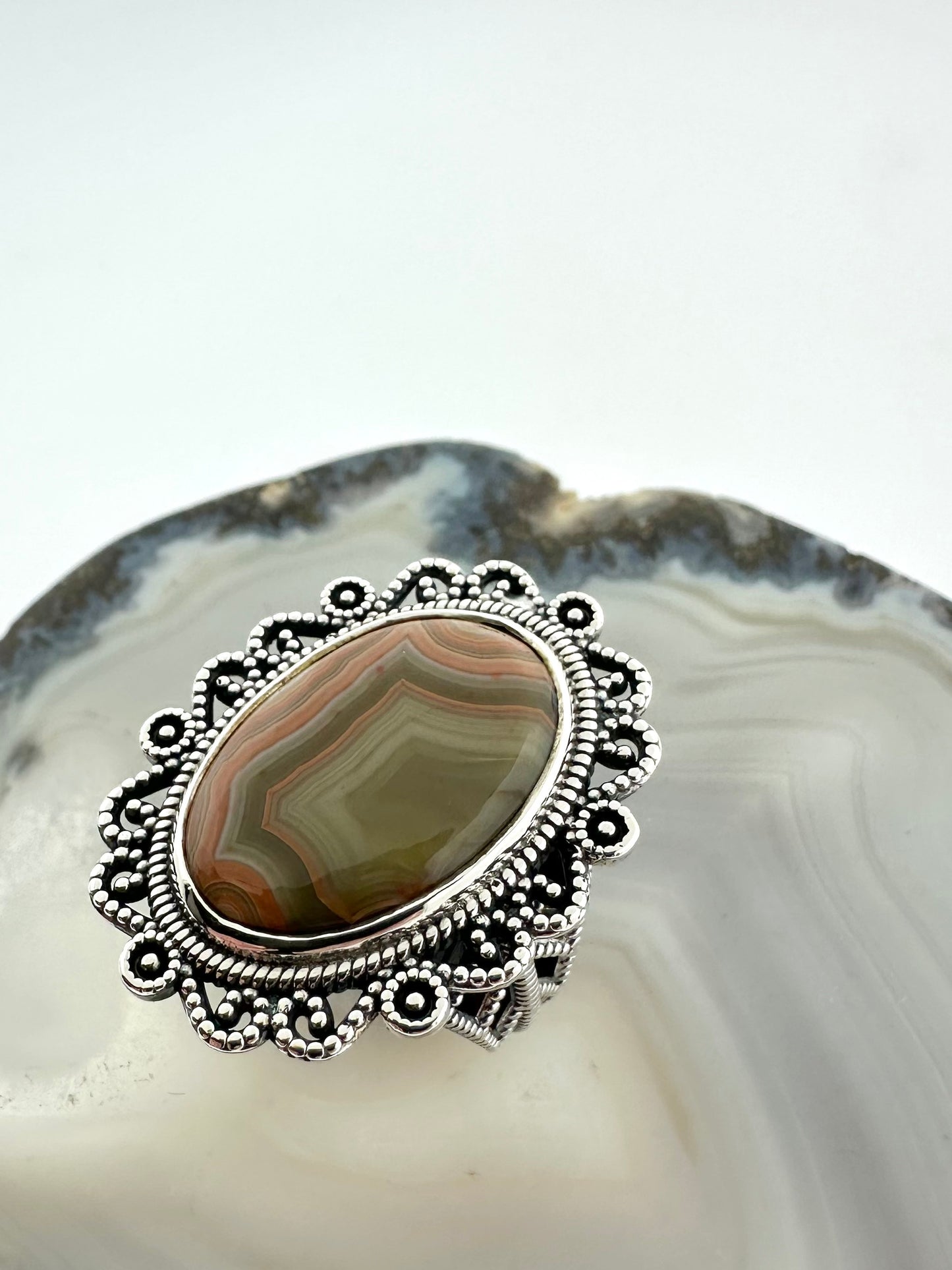 One-of-a-Kind Sterling Silver Ring with Fairburn Agate - Filigree Design – Size 7.5