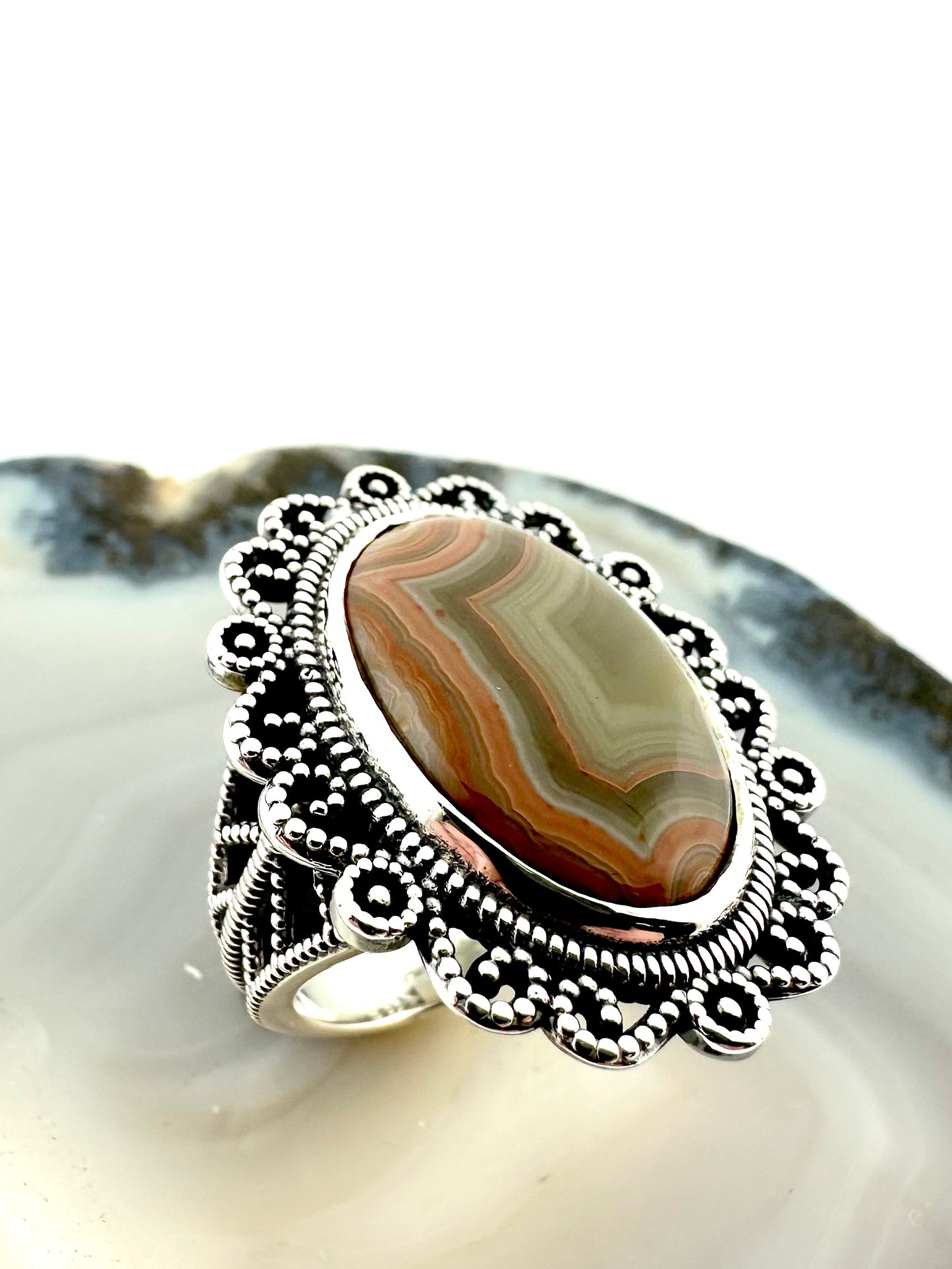 One-of-a-Kind Sterling Silver Ring with Fairburn Agate - Filigree Design – Size 7.5
