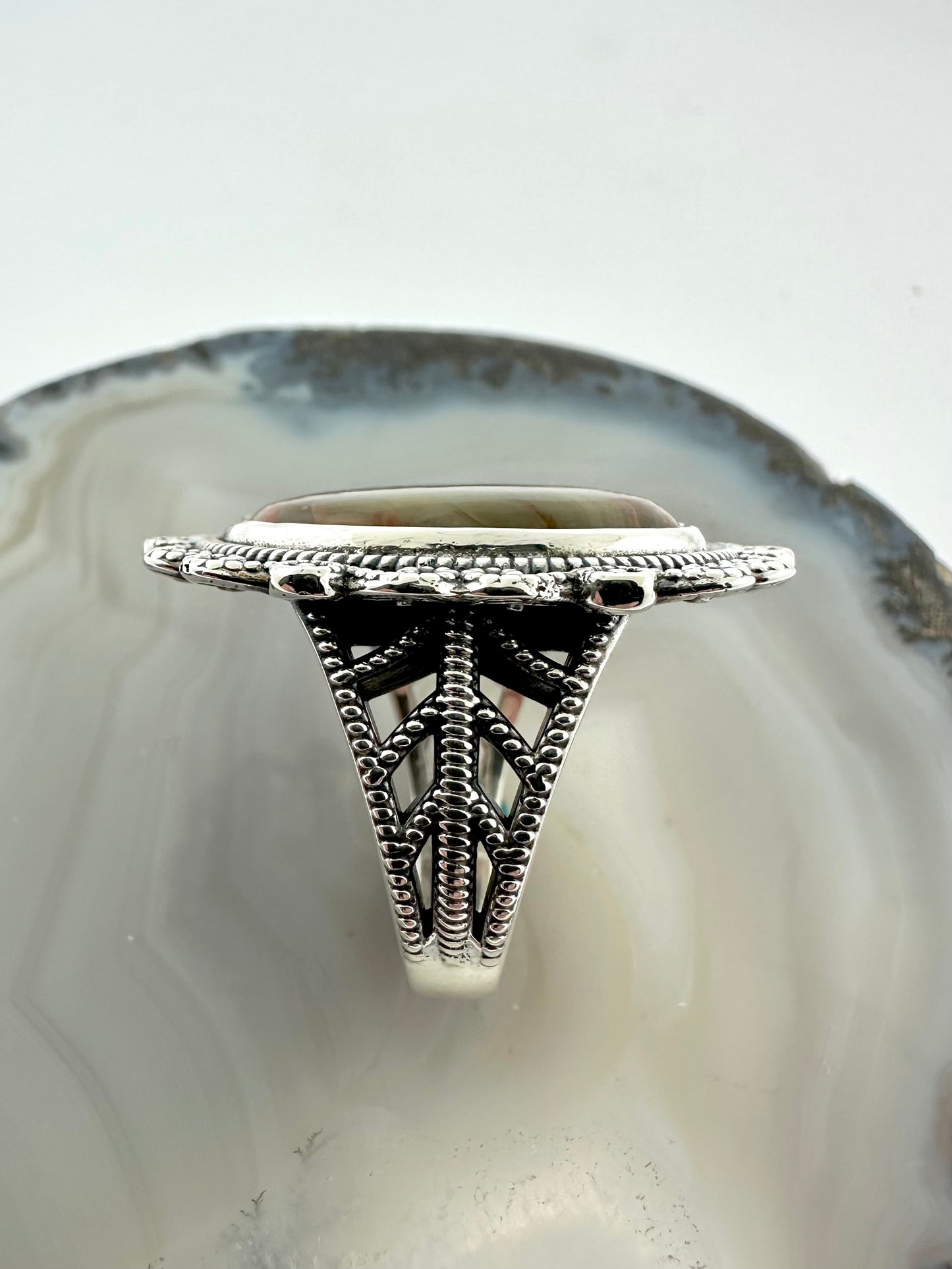 One-of-a-Kind Sterling Silver Ring with Fairburn Agate - Filigree Design – Size 7.5