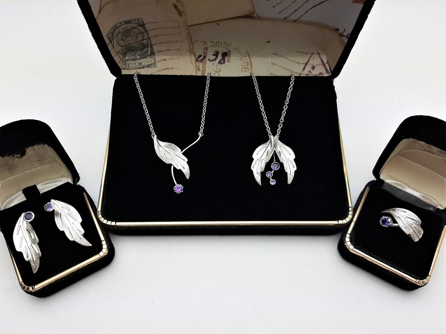 Dangle Amethyst, Silver Leaves Pendant - Leaf Jewelry, Amethyst Leaf Necklace, Amethyst Birthstone Jewelry