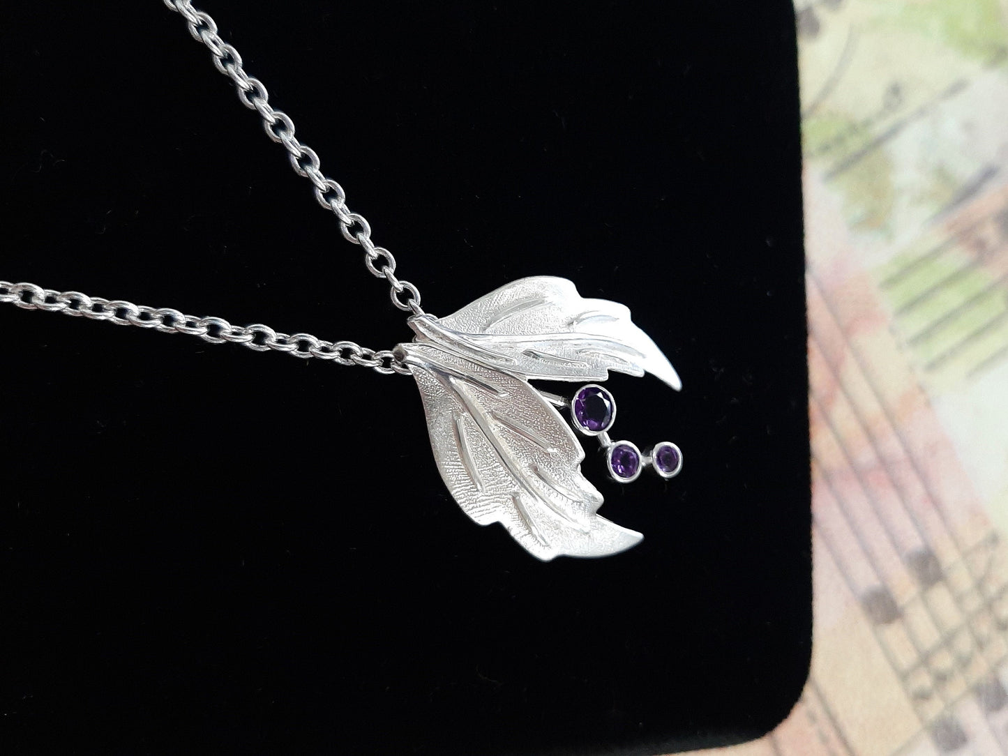 Dangle Amethyst, Silver Leaves Pendant - Leaf Jewelry, Amethyst Leaf Necklace, Amethyst Birthstone Jewelry