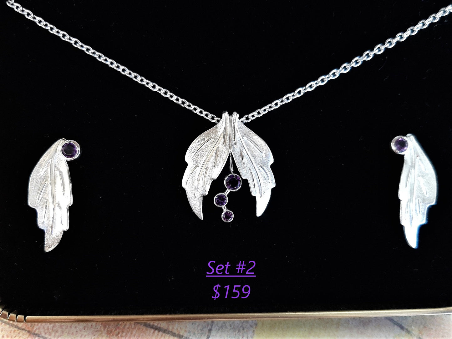 Silver Leaves with Amethyst Set Options - Leaf Ring, Leaf Earrings, Leaf Necklaces - Amethyst Jewelry Sets, Amethyst Birthstone Jewelry