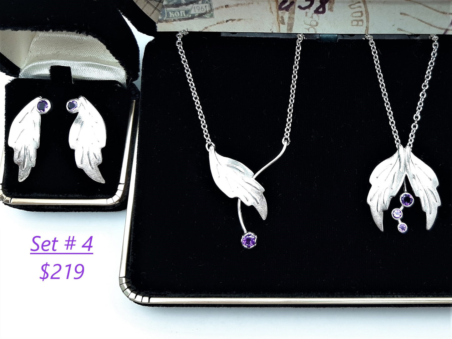 Silver Leaves with Amethyst Set Options - Leaf Ring, Leaf Earrings, Leaf Necklaces - Amethyst Jewelry Sets, Amethyst Birthstone Jewelry