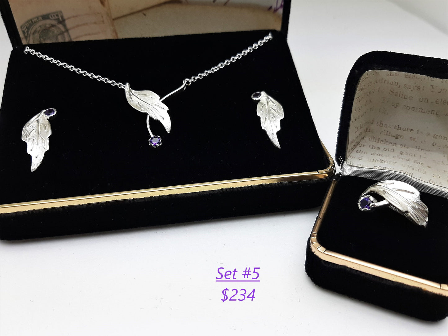 Silver Leaves with Amethyst Set Options - Leaf Ring, Leaf Earrings, Leaf Necklaces - Amethyst Jewelry Sets, Amethyst Birthstone Jewelry