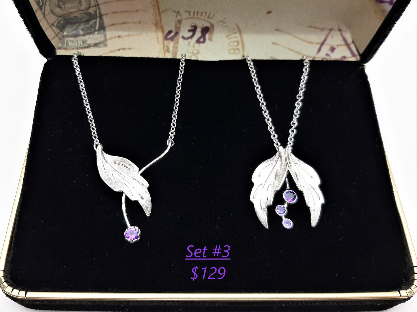 Silver Leaves with Amethyst Set Options - Leaf Ring, Leaf Earrings, Leaf Necklaces - Amethyst Jewelry Sets, Amethyst Birthstone Jewelry
