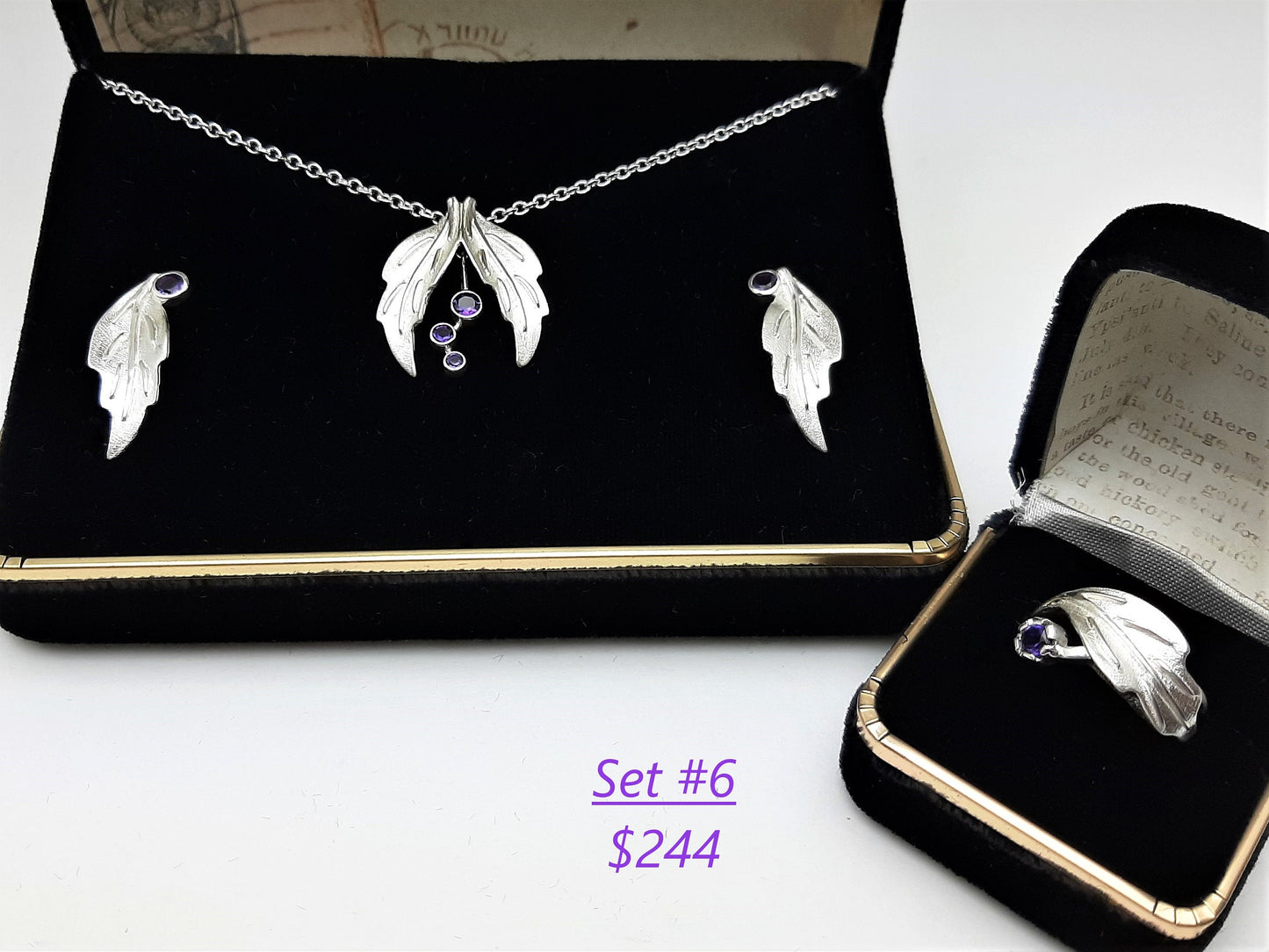 Silver Leaves with Amethyst Set Options - Leaf Ring, Leaf Earrings, Leaf Necklaces - Amethyst Jewelry Sets, Amethyst Birthstone Jewelry