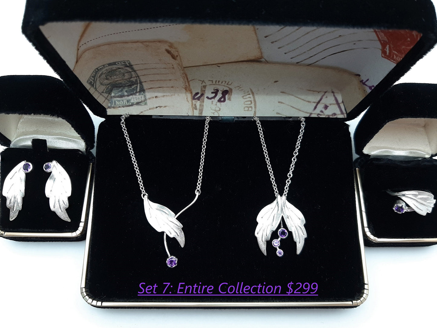Silver Leaves with Amethyst Set Options - Leaf Ring, Leaf Earrings, Leaf Necklaces - Amethyst Jewelry Sets, Amethyst Birthstone Jewelry