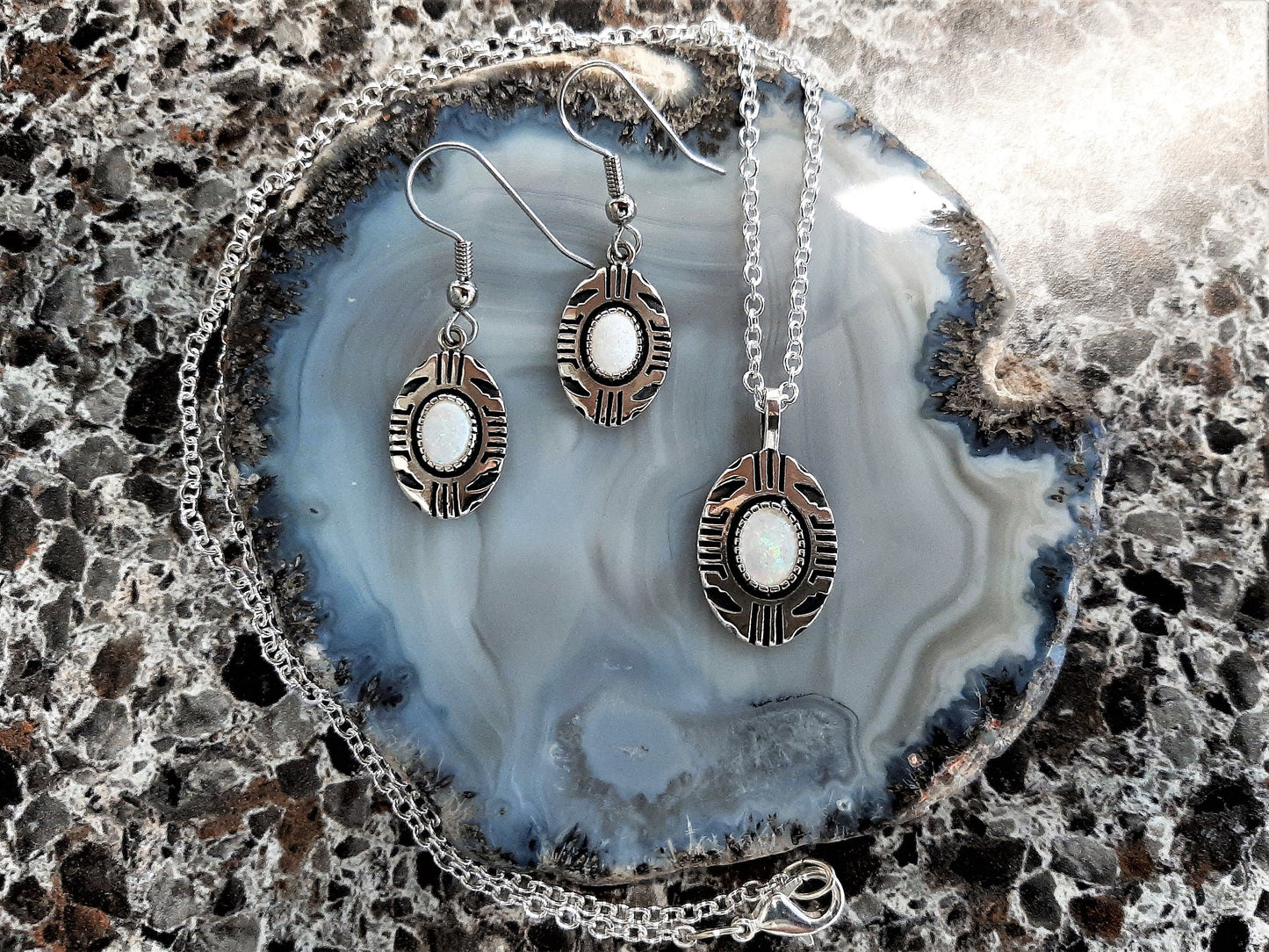 Aztec Inspired Tribal Shield Pendant and Earrings in Sterling Silver with Opal Set