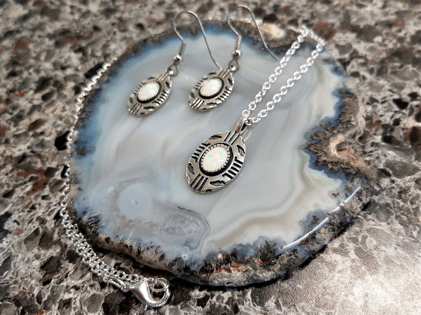 Aztec Inspired Tribal Shield Pendant and Earrings in Sterling Silver with Opal Set