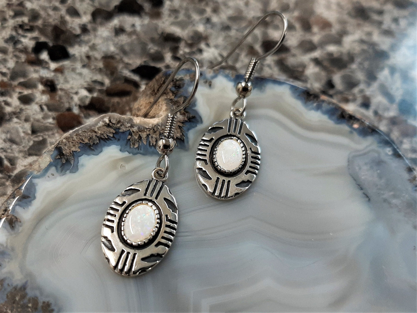 Aztec Inspired Tribal Shield Pendant and Earrings in Sterling Silver with Opal Set