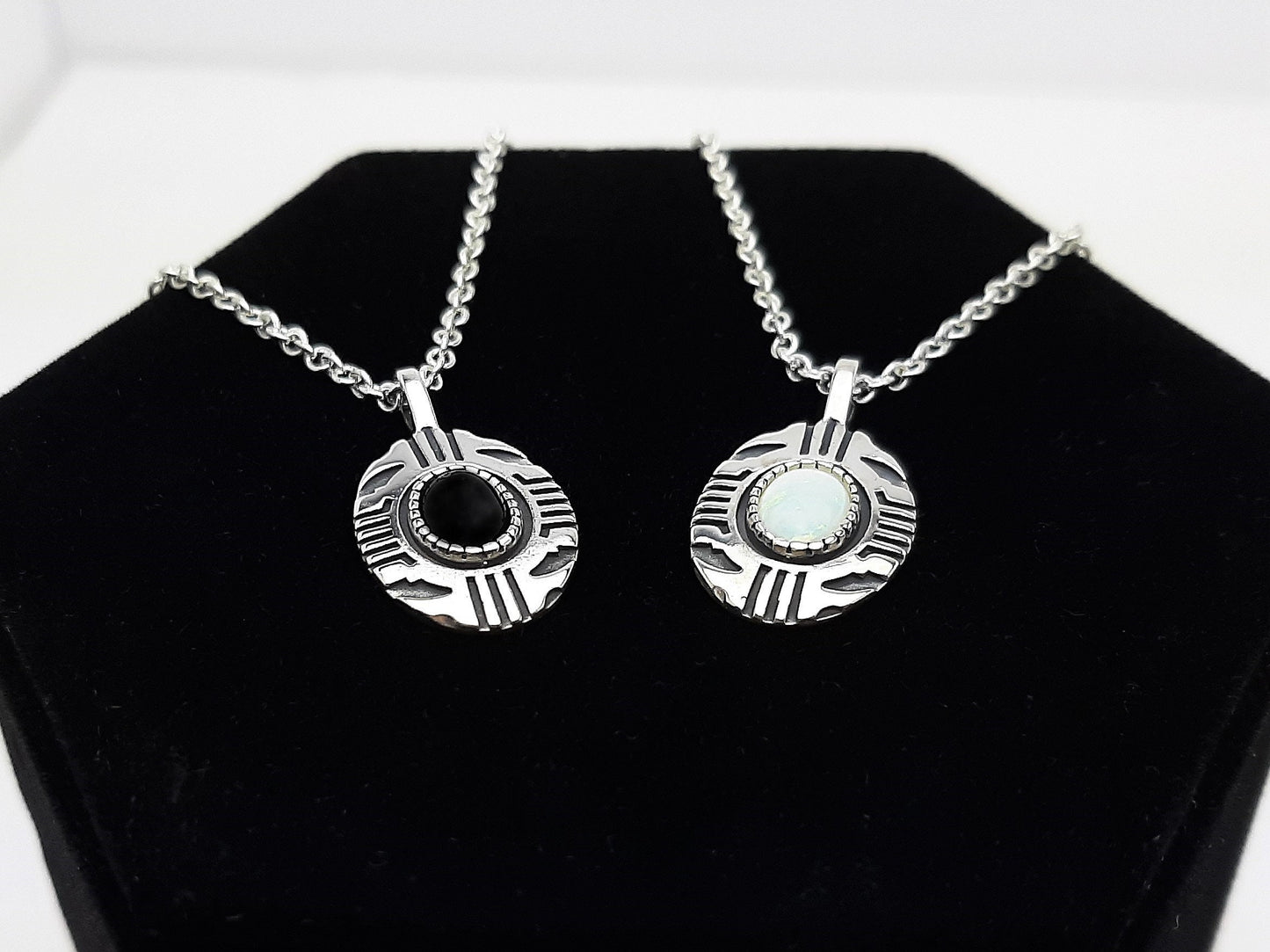 Aztec Inspired Tribal Shield Pendant and Earrings in Sterling Silver with Opal Set