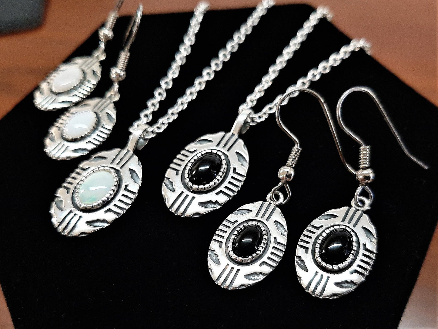 Aztec Inspired Tribal Shield Pendant and Earrings in Sterling Silver with Opal Set