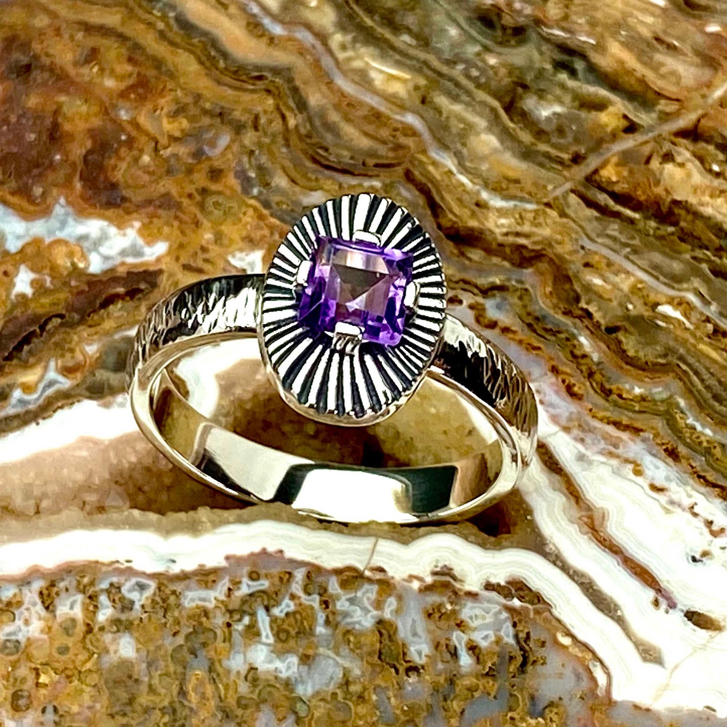 Amethyst Ring Princess Cut with Custom Design and a Hand Hammered Shank Handmade in South Dakota in Sterling Silver One of a Kind