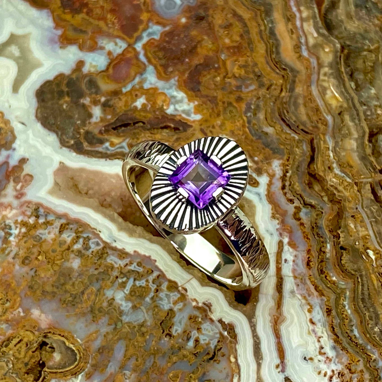 Amethyst Ring Princess Cut with Custom Design and a Hand Hammered Shank Handmade in South Dakota in Sterling Silver One of a Kind