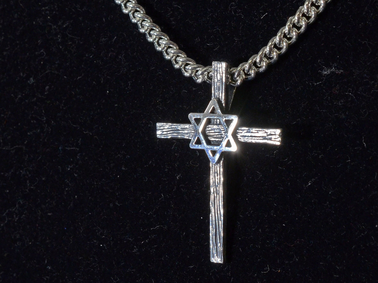 Wood Textured Star of David Wooden Cross Pendant in Sterling Silver – Identity Series