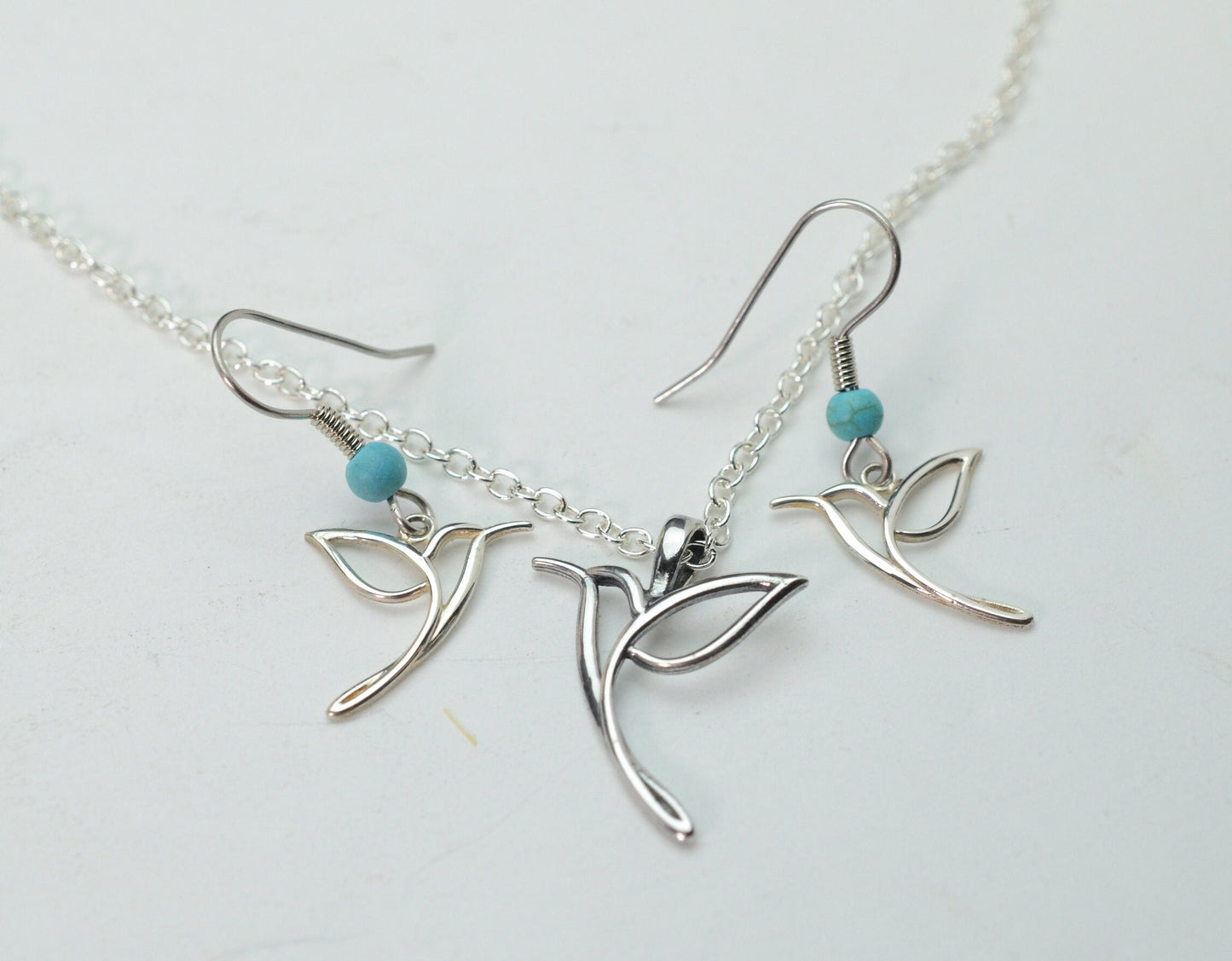 Hummingbird Earrings and Pendant Set in Sterling Silver with Turquoise Accents – Lakota Legacy Line