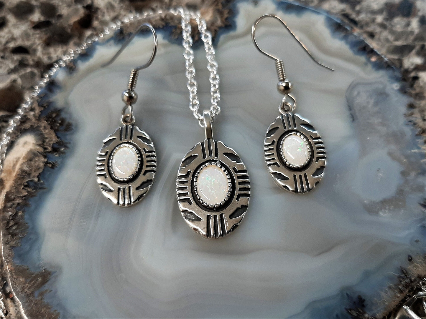 Aztec Inspired Tribal Shield Pendant and Earrings in Sterling Silver with Opal Set