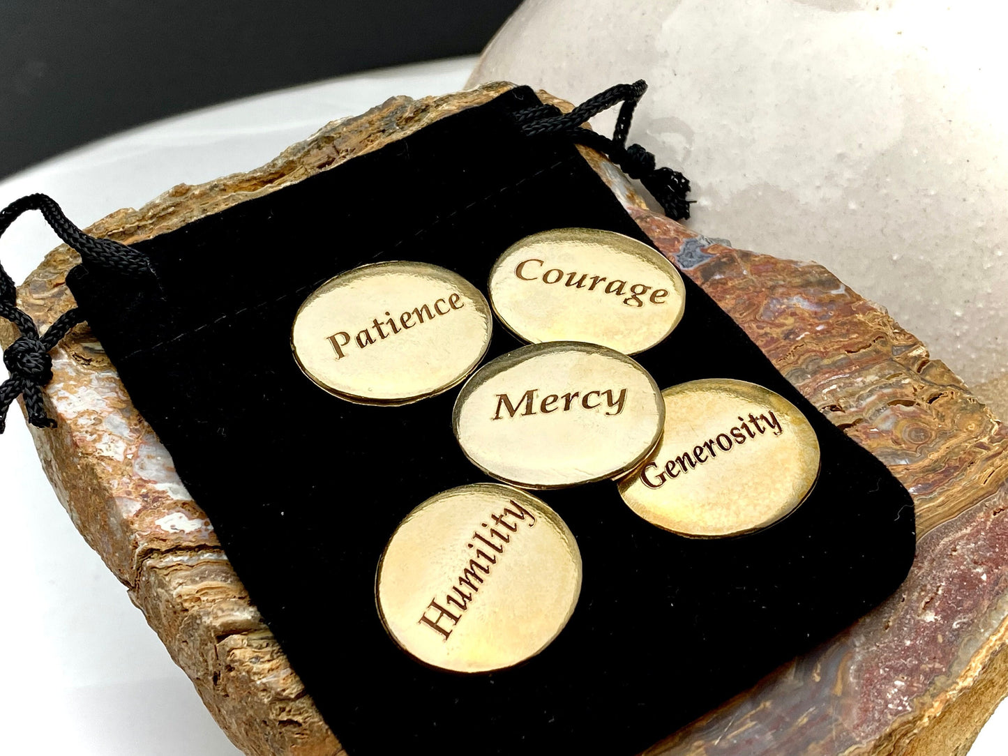 5 Smooth Stones in Bronze – Generosity, Humility, Mercy, Patience, and Courage "Pocket Rocks"