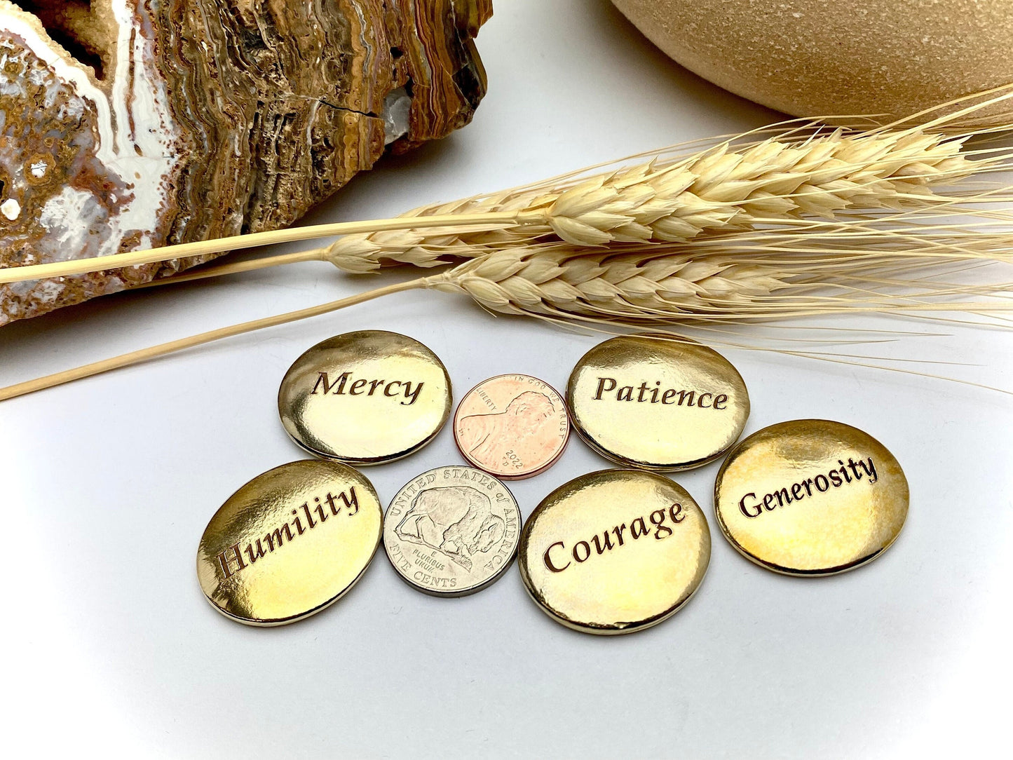 5 Smooth Stones in Bronze – Generosity, Humility, Mercy, Patience, and Courage "Pocket Rocks"