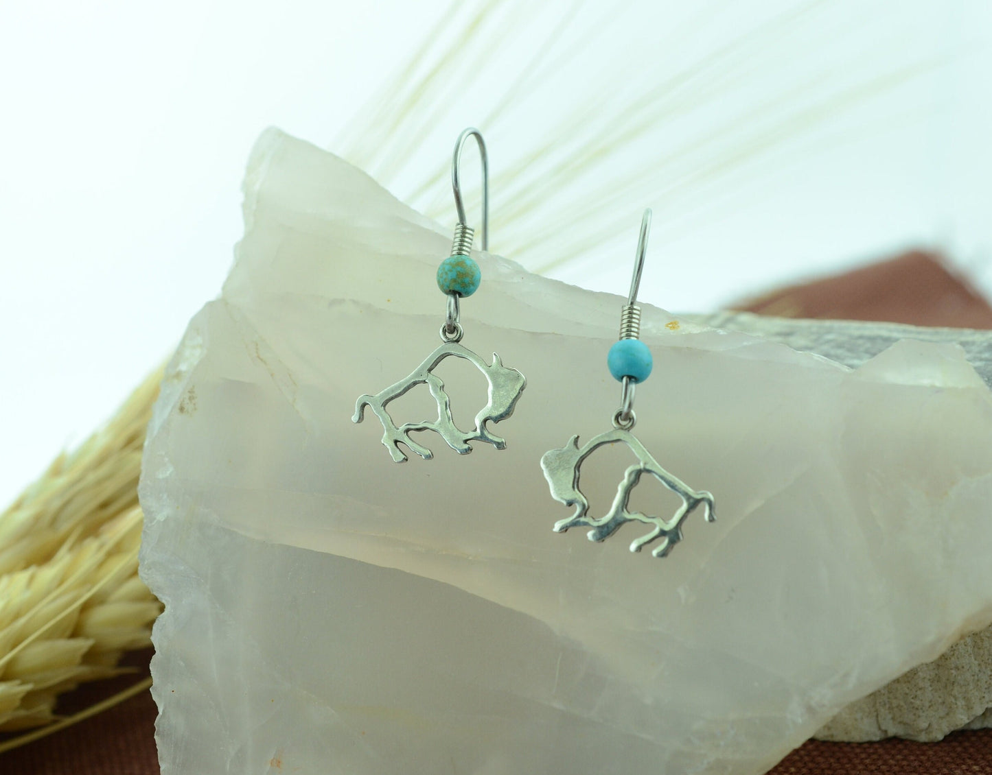 Minimalist Buffalo Earrings in Sterling Silver with Turquoise Accent– Lakota Legacy Line