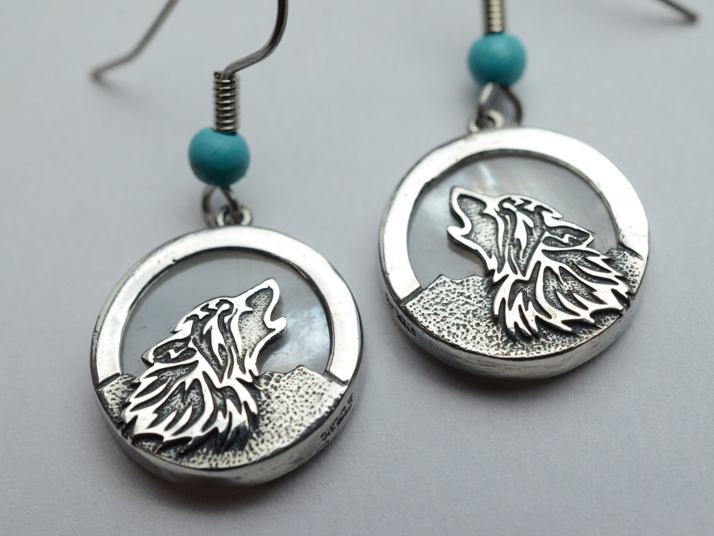 Howling Wolf Earrings in Sterling Silver with Mother of Pearl Moon – Lakota Legacy Line