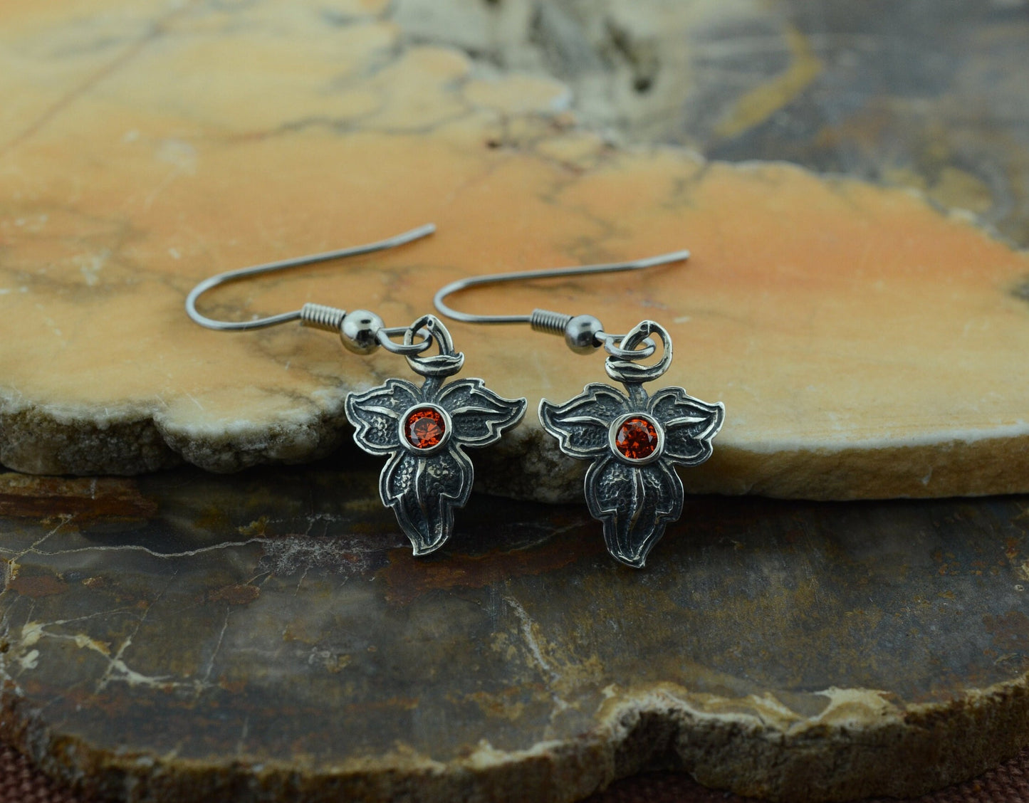 Oak Leaf Pendant and Earrings in Sterling Silver with Orange Cubic Zirconia Set