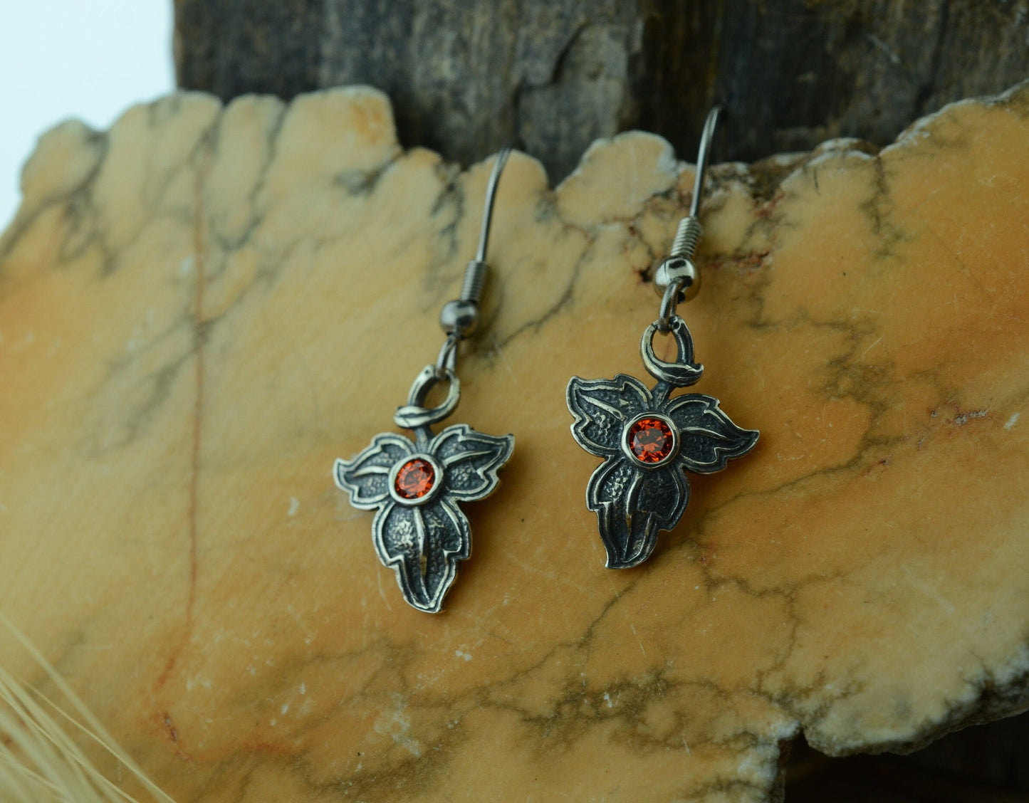 Oak Leaf Earrings in Sterling Silver with Orange Cubic Zirconia