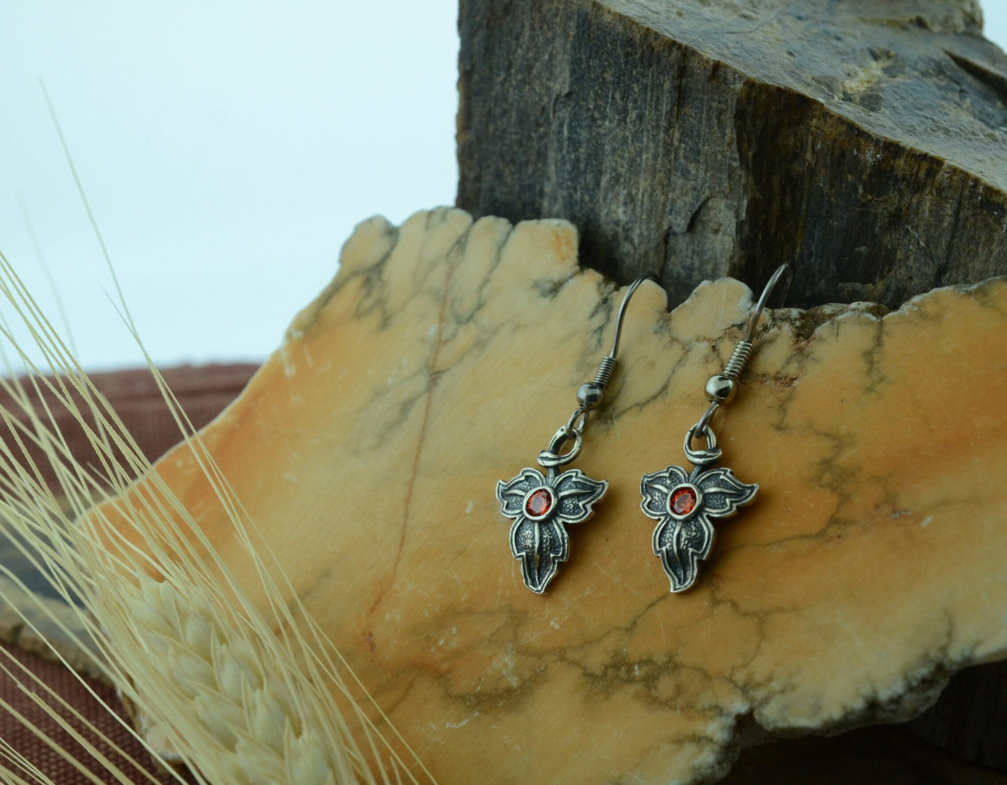 Oak Leaf Earrings in Sterling Silver with Orange Cubic Zirconia