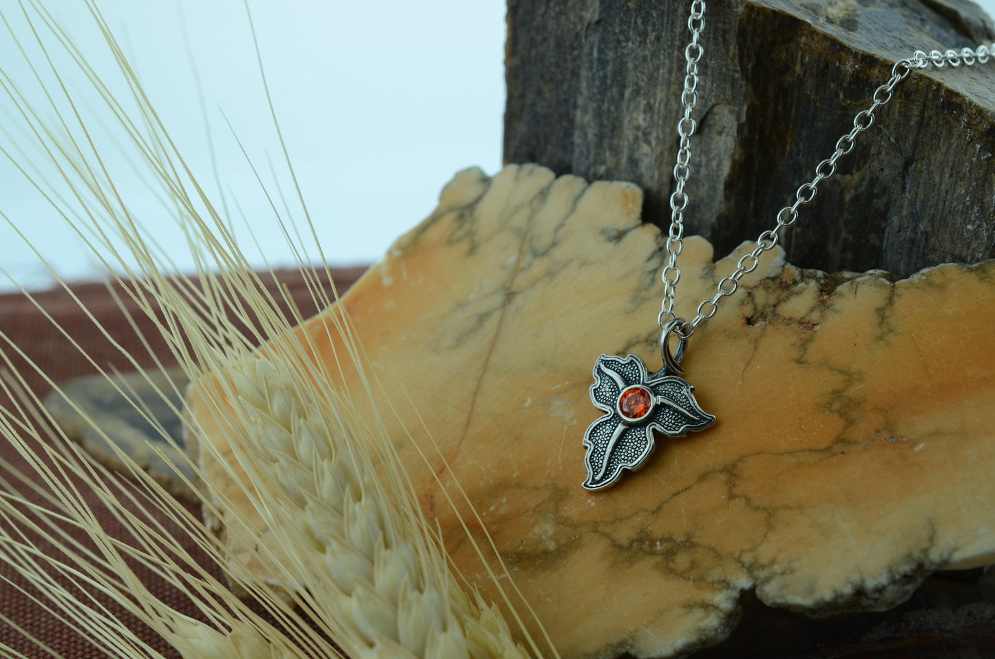 Oak Leaf Pendant in Sterling Silver with Orange Cubic Zirconia