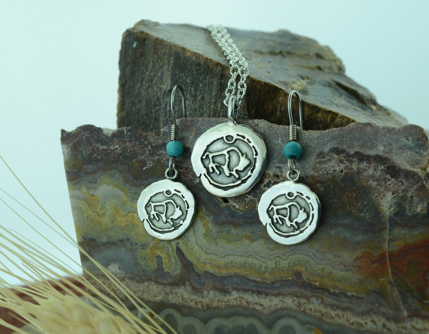 Impression Buffalo Pendant and Earrings Set in Sterling Silver – Lakota Legacy Line