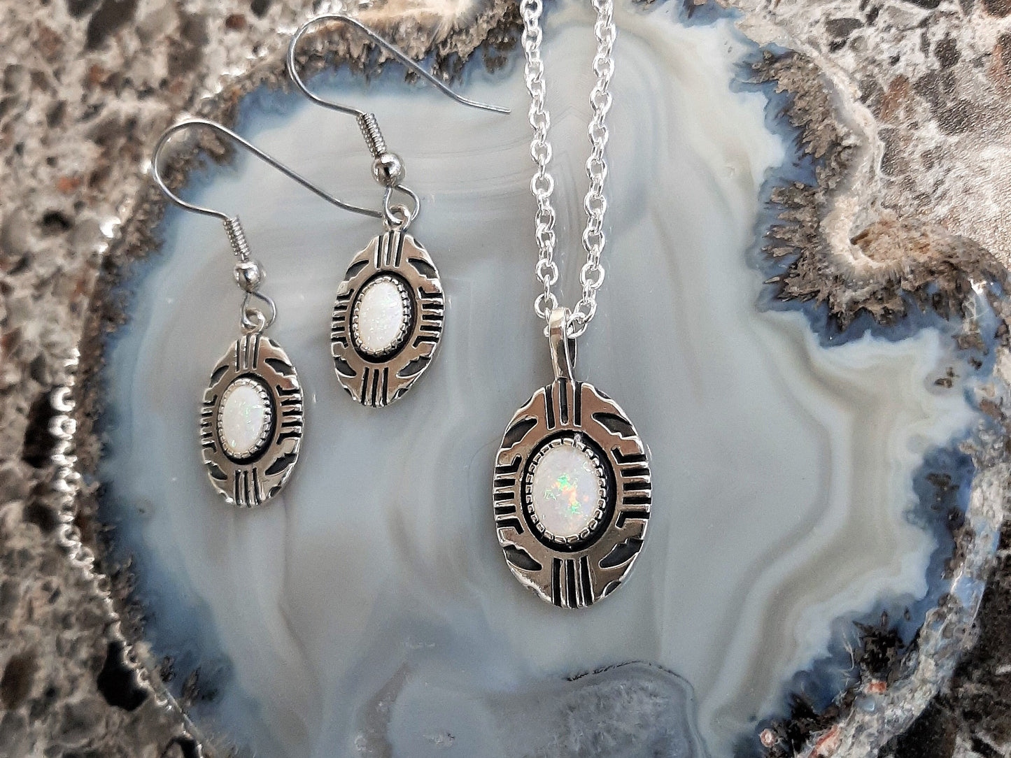 Aztec Inspired Tribal Shield Pendant and Earrings in Sterling Silver with Opal Set
