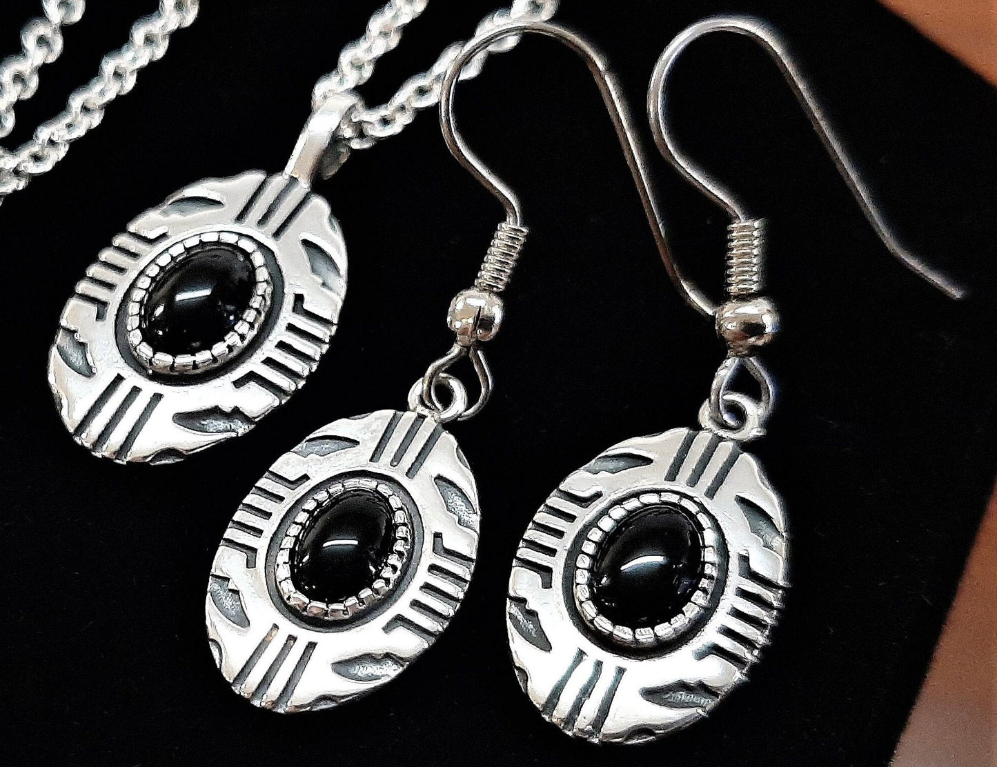 Aztec Inspired Tribal Shield Pendant and Earrings in Sterling Silver with Black Onyx Set – Lakota Legacy Line