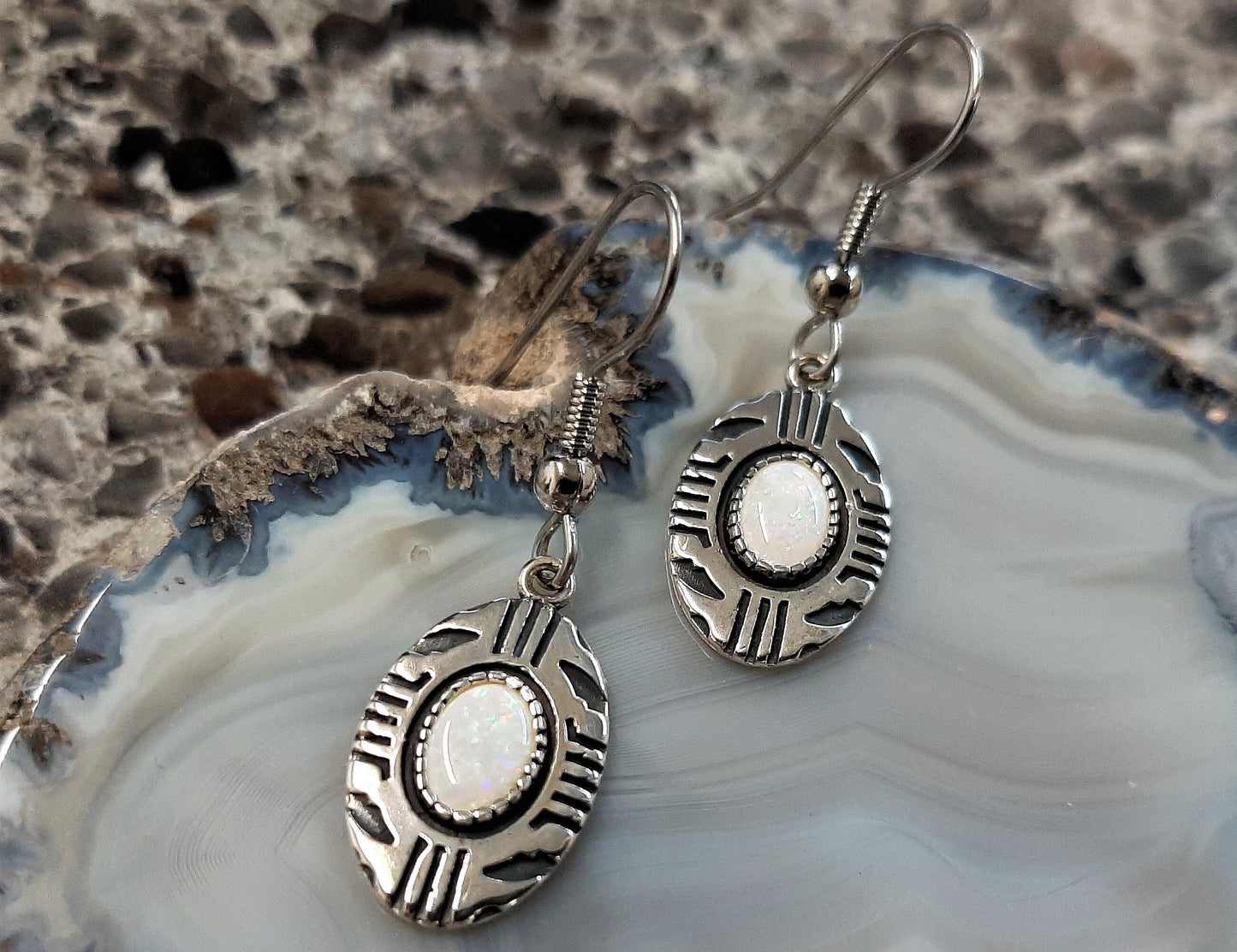 Aztec Inspired Tribal Shield Earrings in Sterling Silver with Opal – Lakota Legacy Line
