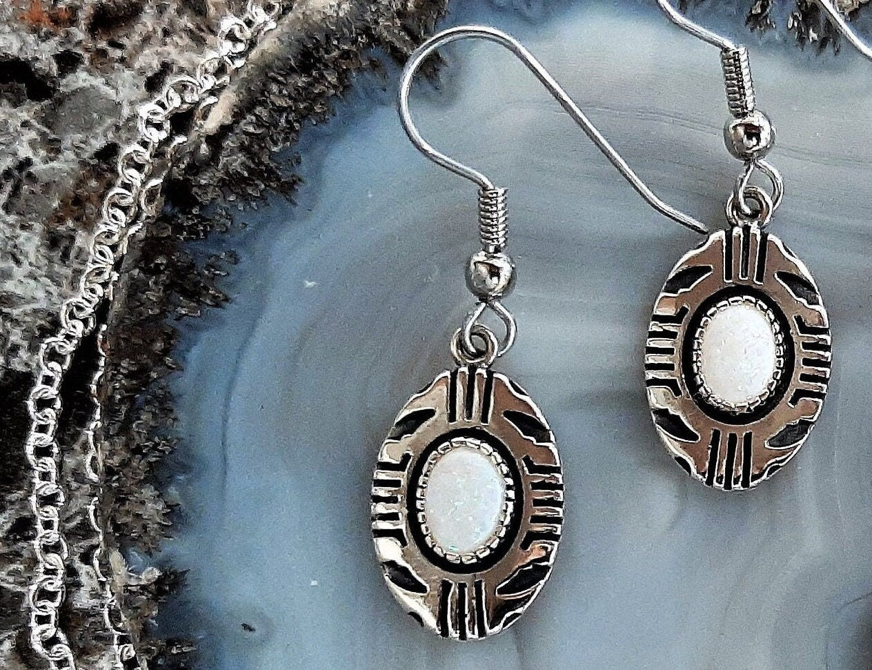 Aztec Inspired Tribal Shield Earrings in Sterling Silver with Opal – Lakota Legacy Line