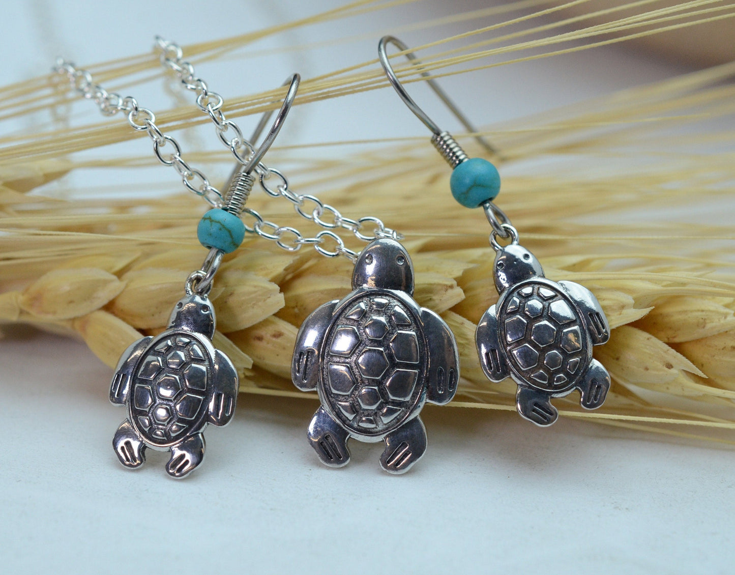 Turtle Pendant and Earrings in Sterling Silver with Turquoise Accents Set – Lakota Legacy Line