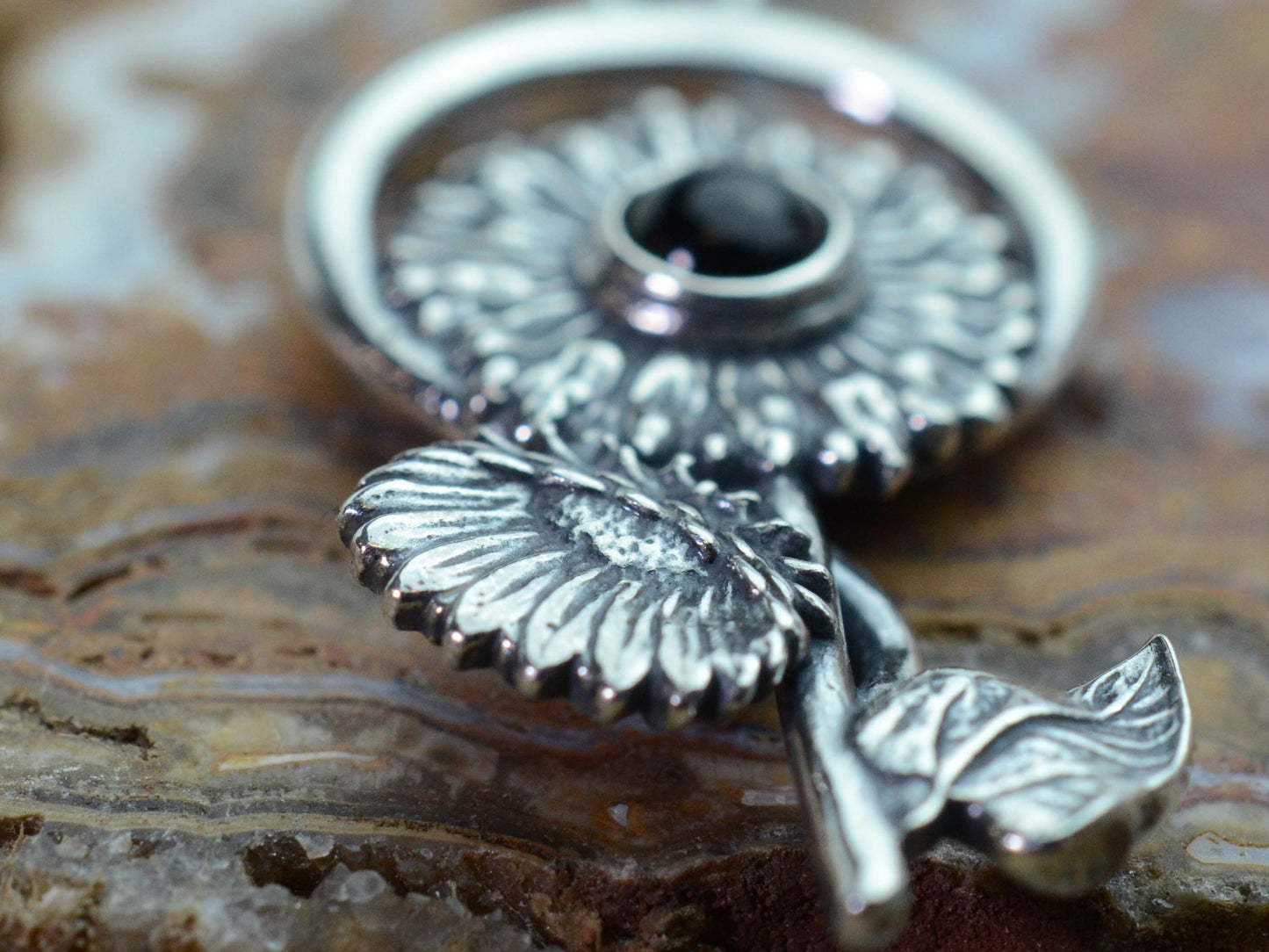 Sunflower Pendant in Sterling Silver with Black Onyx – The Nature Series