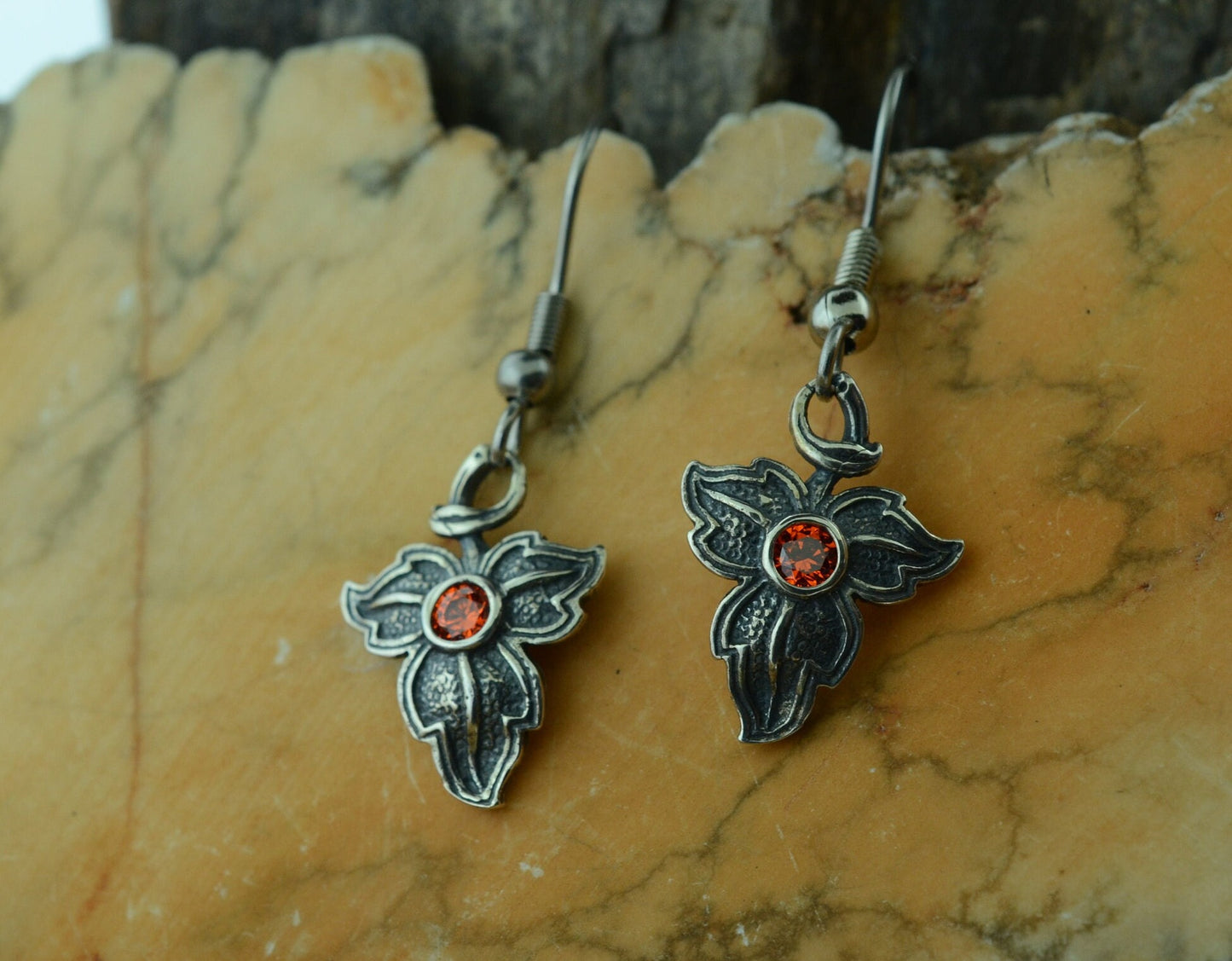 Oak Leaf Pendant and Earrings in Sterling Silver with Orange Cubic Zirconia Set