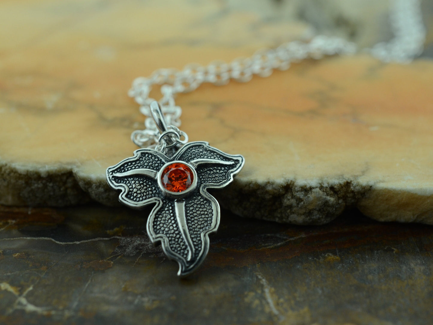 Oak Leaf Pendant and Earrings in Sterling Silver with Orange Cubic Zirconia Set