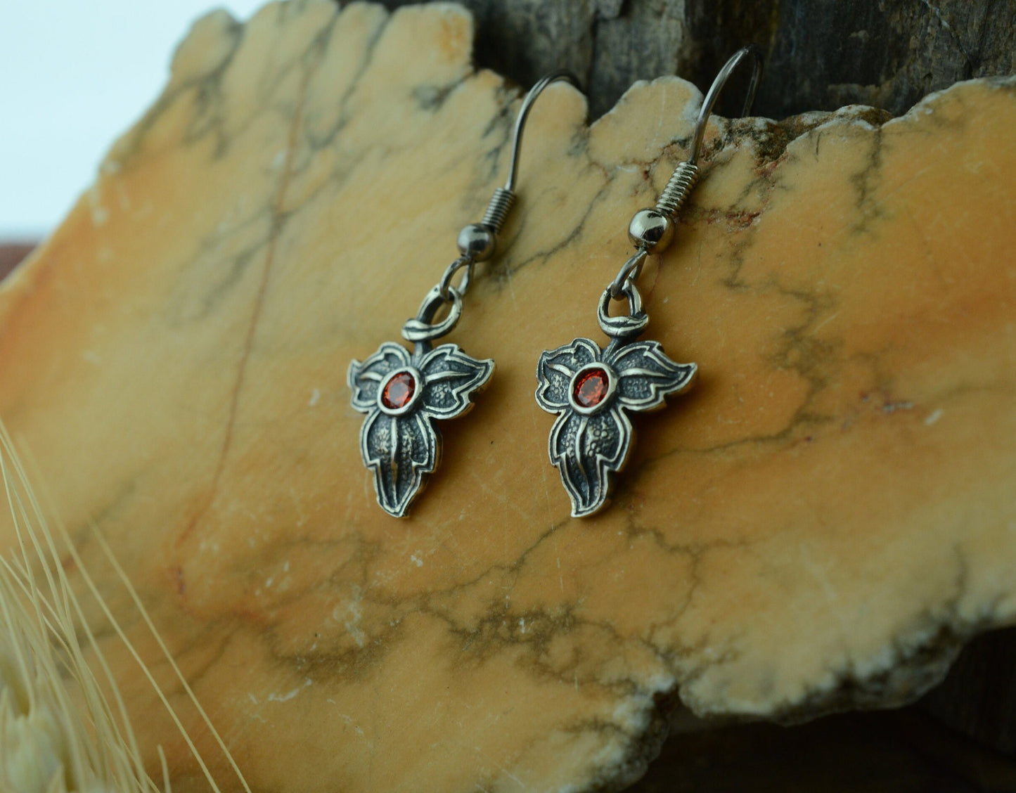 Oak Leaf Earrings in Sterling Silver with Orange Cubic Zirconia