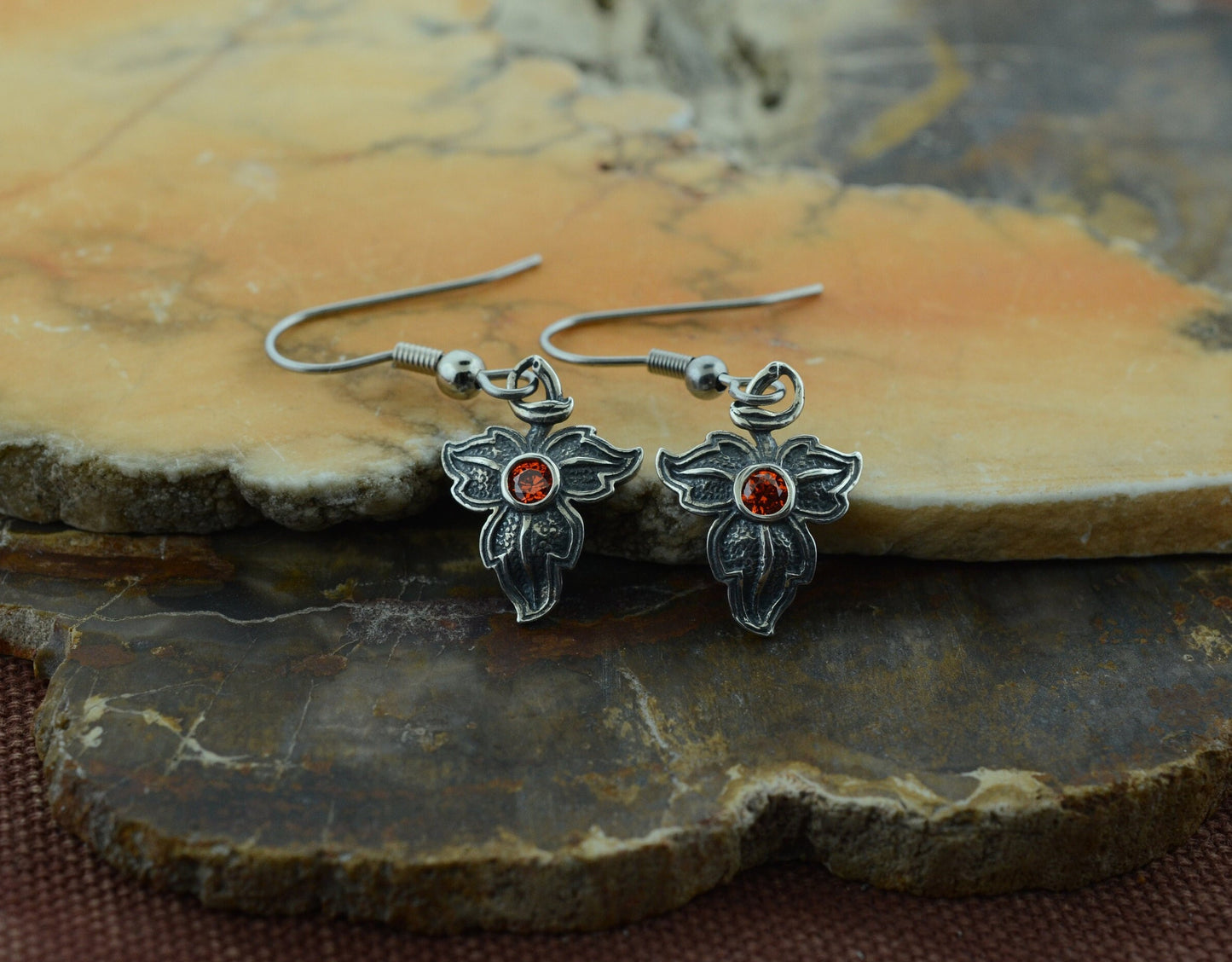 Oak Leaf Earrings in Sterling Silver with Orange Cubic Zirconia