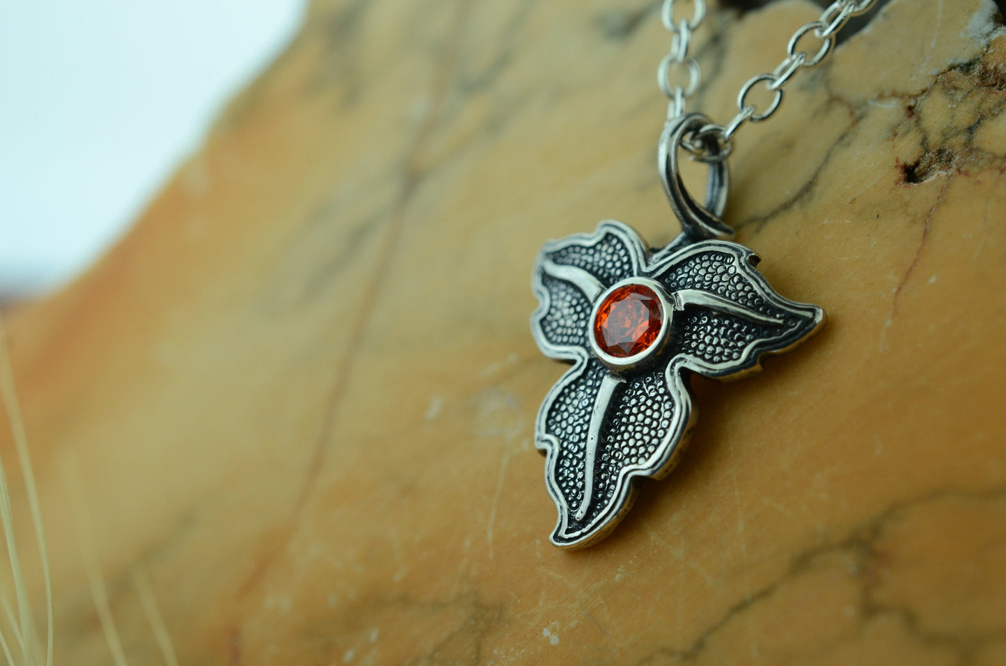 Oak Leaf Pendant in Sterling Silver with Orange Cubic Zirconia