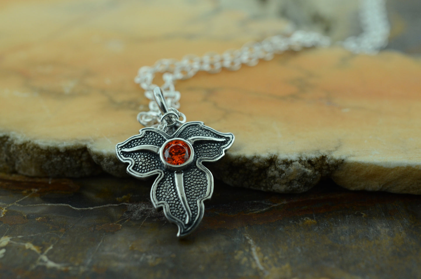Oak Leaf Pendant in Sterling Silver with Orange Cubic Zirconia