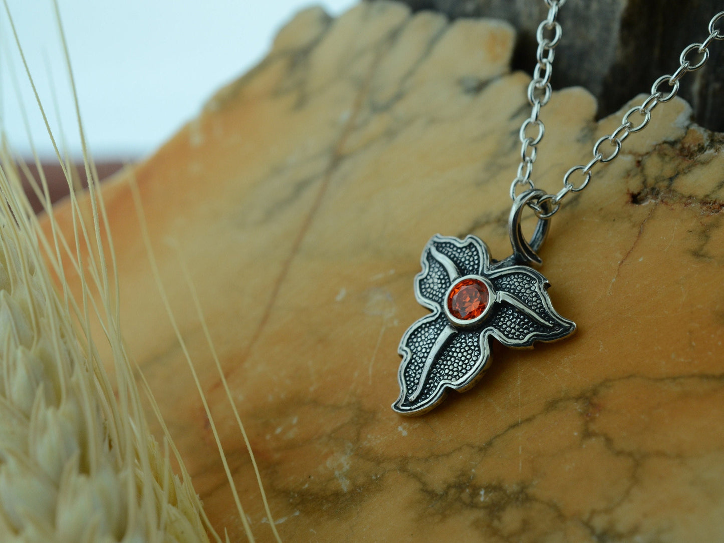 Oak Leaf Pendant in Sterling Silver with Orange Cubic Zirconia