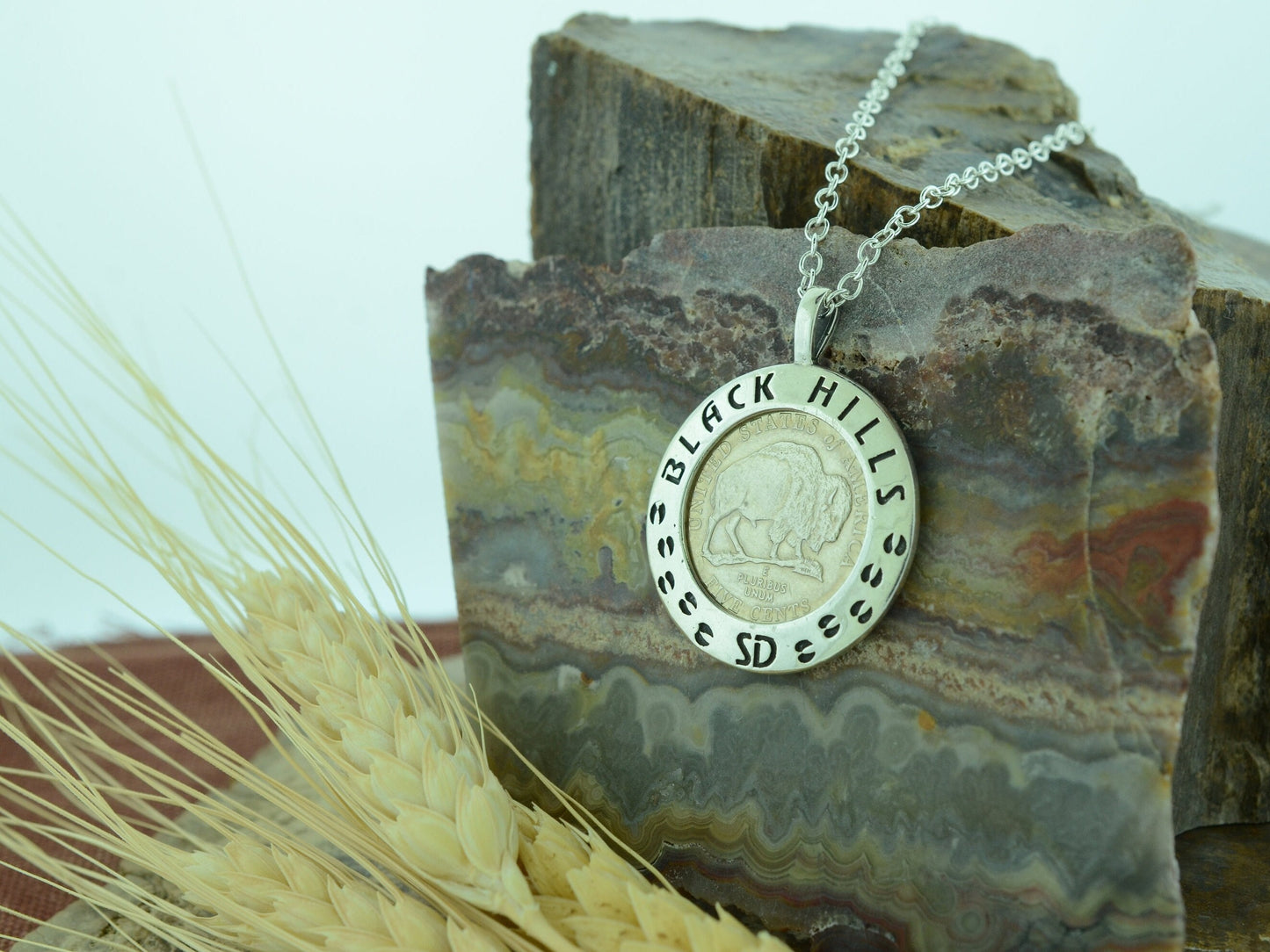 Black Hills Buffalo Nickel Pendant with Sterling Silver Border