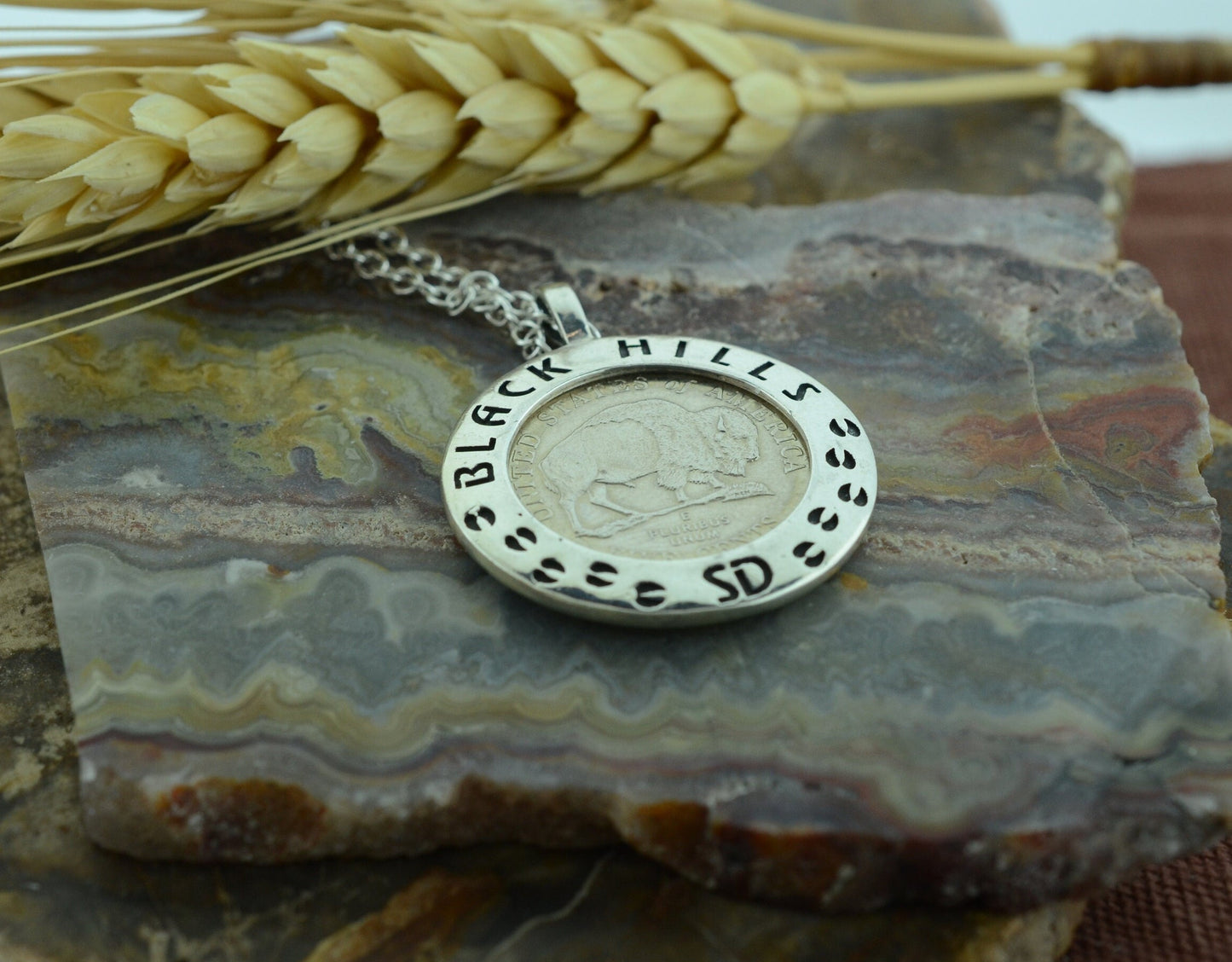 Black Hills Buffalo Nickel Pendant with Sterling Silver Border
